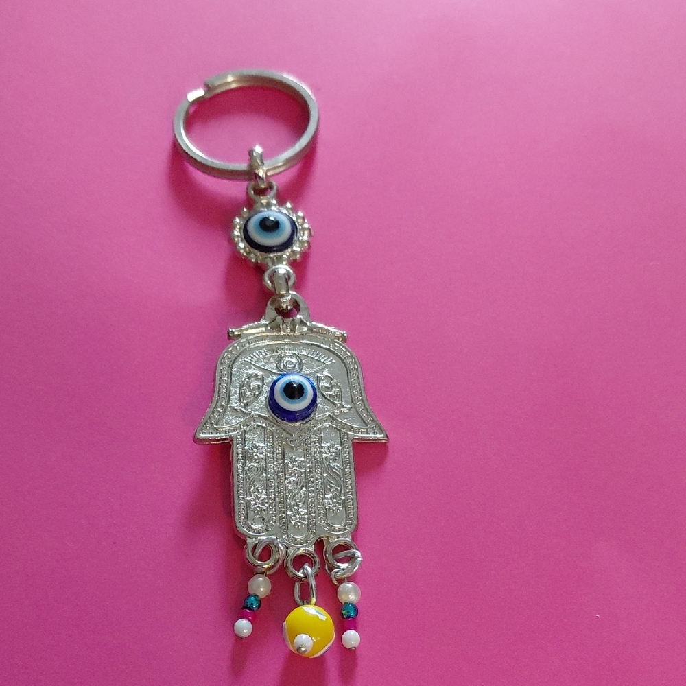 Silver Hamsa Hand Keychain with Evil Eye Charm